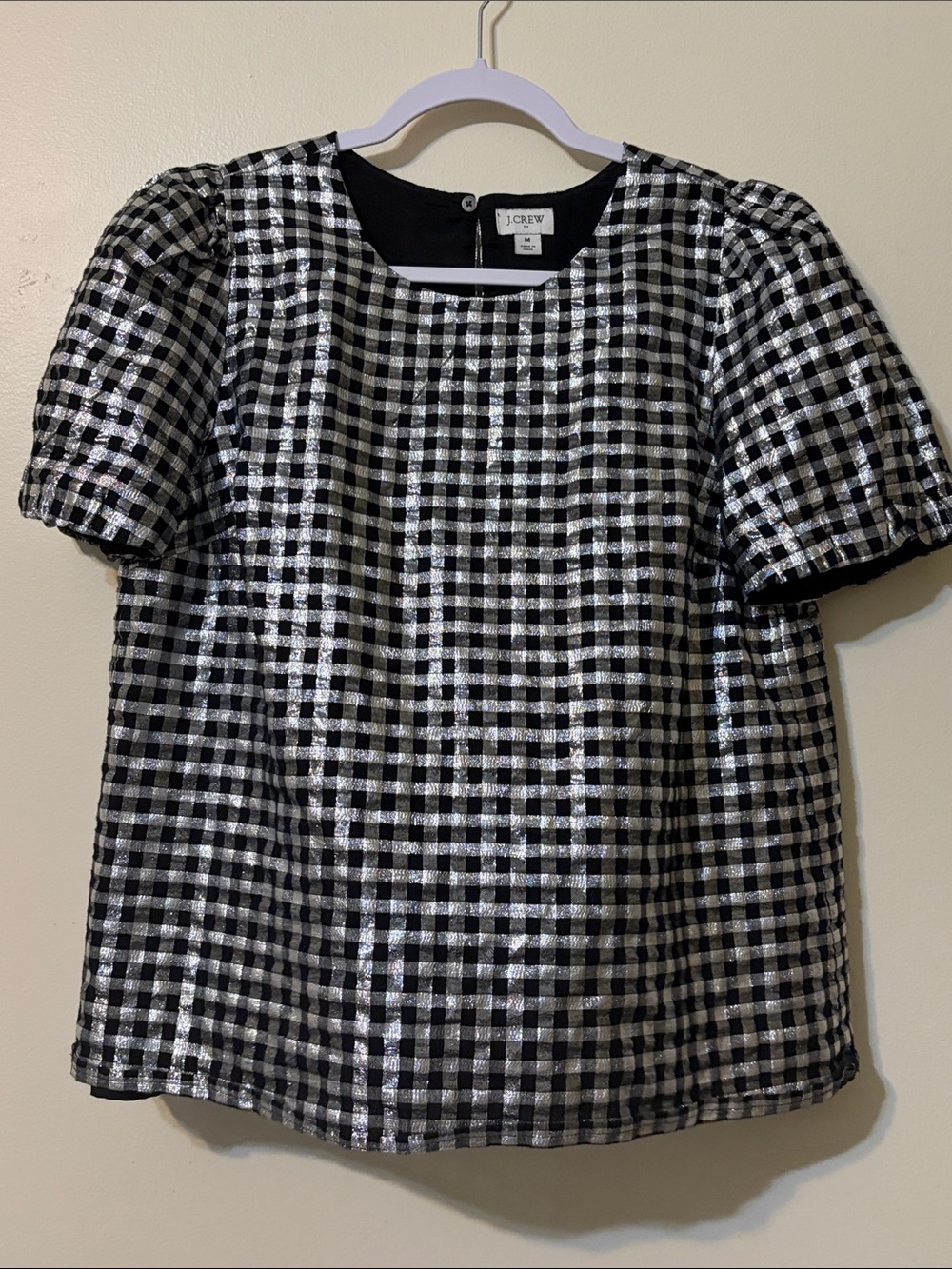 J. Crew Black & Silver Metallic Gingham Puff Sleeve Top